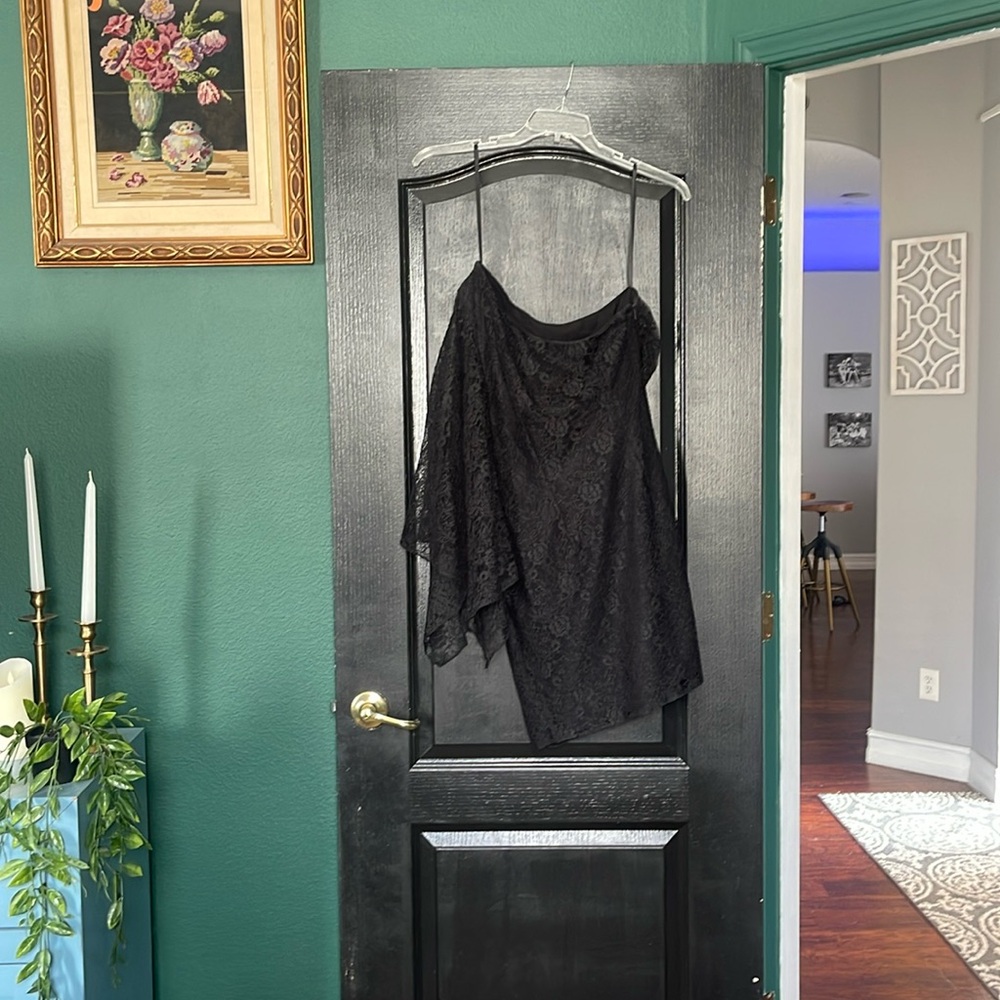 Black lace cocktail dress.